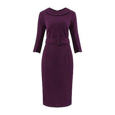 Women's Collared Sheath Dress Vintage Half Sleeve Pencil Dress with Belt