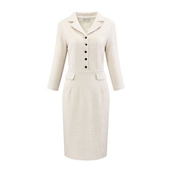 Women's Tweed Dress 3/4 Sleeve Lapel Collar Button Down Sheath Dress