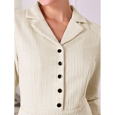 Women's Tweed Dress 3/4 Sleeve Lapel Collar Button Down Sheath Dress