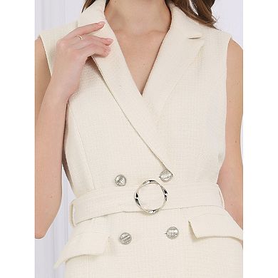 Women's Sleeveless Tweed Dress Collared Belted Button Down Work Blazer Dresses