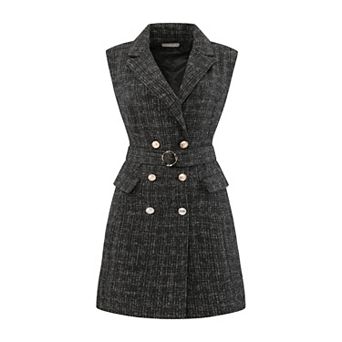 Women's Sleeveless Tweed Dress Collared Belted Button Down Work Blazer Dresses