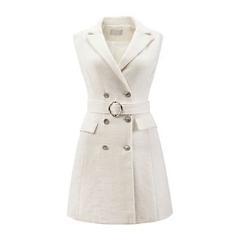 Women's Sleeveless Tweed Dress Collared Belted Button Down Work Blazer Dresses