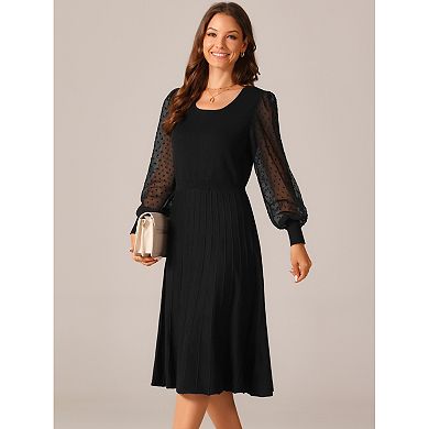 Women's Mesh Puffy Long Sleeve Dress Crewneck Pleated Ribbed Knit Midi Dress Casual Sweater Dresses