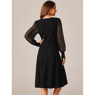 Women's Mesh Puffy Long Sleeve Dress Crewneck Pleated Ribbed Knit Midi Dress Casual Sweater Dresses