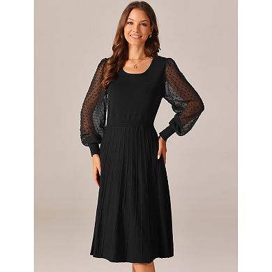 Women's Mesh Puffy Long Sleeve Dress Crewneck Pleated Ribbed Knit Midi Dress Casual Sweater Dresses
