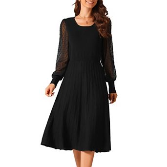 Women's Mesh Puffy Long Sleeve Dress Crewneck Pleated Ribbed Knit Midi Dress Casual Sweater Dresses