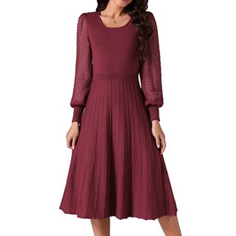 Women's Mesh Puffy Long Sleeve Dress Crewneck Pleated Ribbed Knit Midi Dress Casual Sweater Dresses