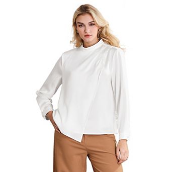 Women's Mock Neck Satin Top Long Sleeve Pleated Front Work Office Blouse