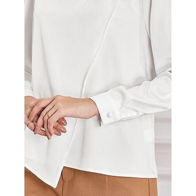 Women's Mock Neck Satin Top Long Sleeve Pleated Front Work Office Blouse