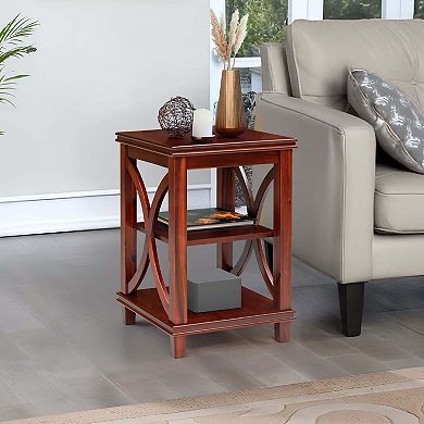 eHemco Solid Wood Square End Table with X-Design, Side Table with Storage Shelves, Cherry