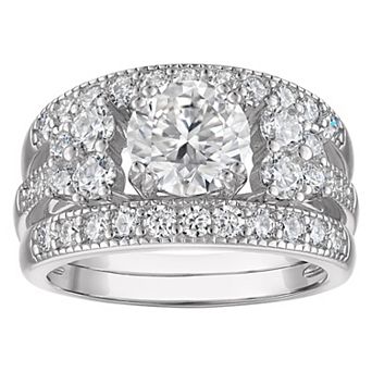 White Lotus 3 pc Platinum Over Sterling Silver Lab-Created Moissanite Ring Set