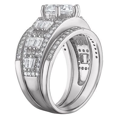 White Lotus 3-Piece Platinum Over Sterling Silver Round Lab-Created Moissanite Ring Set