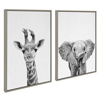 Sylvie Baby Giraffe and Elephant Framed Canvas Art Set by Simon Te of Tai Prints 2 pc 18x24
