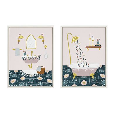 Sylvie Floral Sink and Bath Framed Canvas Art Set by Leonora Jennifer Benza of Yellow Heart Art