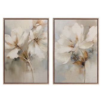 Sylvie Abstract Botanical Floral Linen Painting Framed Canvas Art Set by The Creative Bunch Studio
