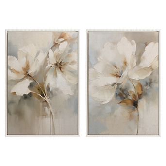 Sylvie Abstract Botanical Floral Linen Painting Framed Canvas Art Set by The Creative Bunch Studio