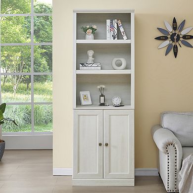 Merax 1 Doors Bookshelf with USB Port and 3 Open Shelves Bookcase Side Cabinet Storage Shelves