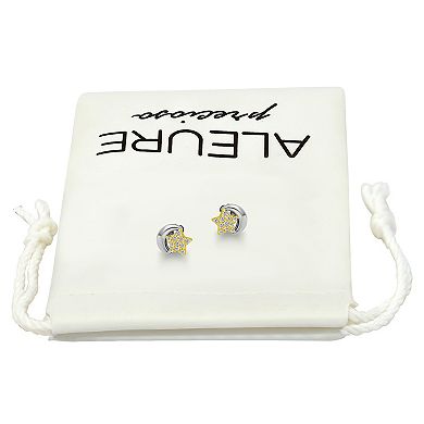 Aleure Precioso Sterling Silver Cubic Zirconia Star & Cresent Moon Stud Earrings