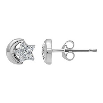 Aleure Precioso Sterling Silver Cubic Zirconia Star & Cresent Moon Stud Earrings