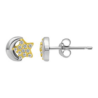Aleure Precioso Sterling Silver Cubic Zirconia Star & Cresent Moon Stud Earrings