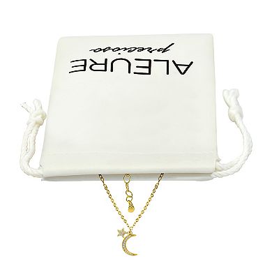 Aleure Precioso Sterling Silver Cubic Zirconia Crescent Moon & Star Charm Necklace