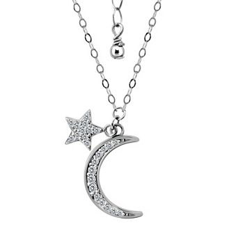 Aleure Precioso Sterling Silver Cubic Zirconia Crescent Moon & Star Charm Necklace
