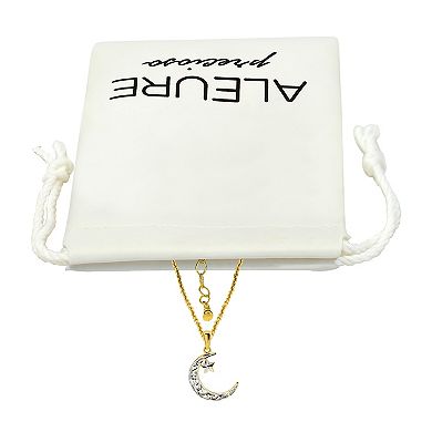 Aleure Precioso 18k Filagree Diamond Cut Cresent Moon & Star Pendant Necklace