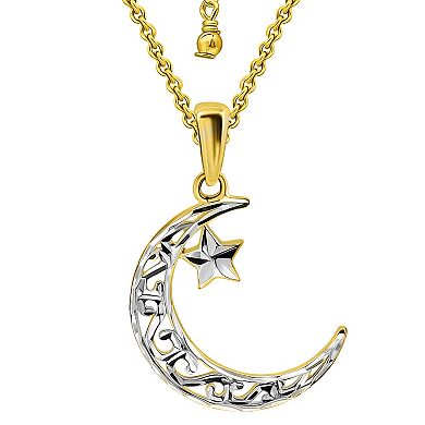 Aleure Precioso 18k Filagree Diamond Cut Cresent Moon & Star Pendant Necklace