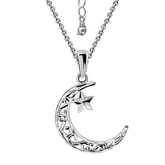 Aleure Precioso 18k Filagree Diamond Cut Cresent Moon & Star Pendant Necklace