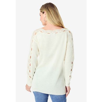 Roaman's Women's Plus Size Pointelle Sleeve Pullover