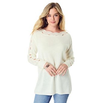 Roaman's Women's Plus Size Pointelle Sleeve Pullover