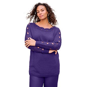 Roaman's Women's Plus Size Pointelle Sleeve Pullover