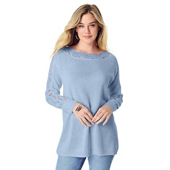 Roaman's Women's Plus Size Pointelle Sleeve Pullover