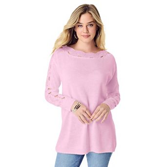 Roaman's Women's Plus Size Pointelle Sleeve Pullover