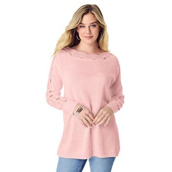 Roaman's Women's Plus Size Pointelle Sleeve Pullover