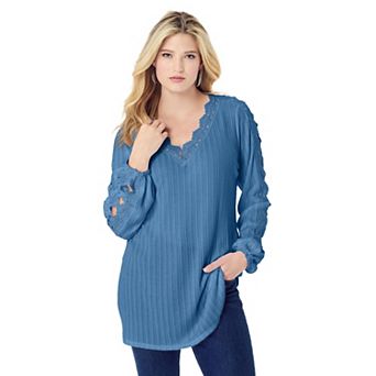 Roaman's Women's Plus Size Lace Trim And appliquéd Tee