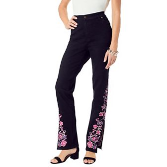 Roaman's Women's Plus Size Plus Size Invisible Stretch Embroidered Split Flare-Leg Jean
