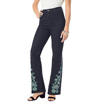 Roaman's Women's Plus Size Invisible Stretch Embroidered Split Flare-Leg Jean