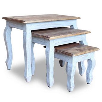 3 pc Nesting End Table Set, Light Blue Turned Legs Brown Reclaimed Wood - Benzara