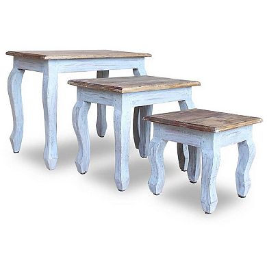 3pc Nesting End Table Set, Light Blue Turned Legs Brown Reclaimed Wood - Benzara