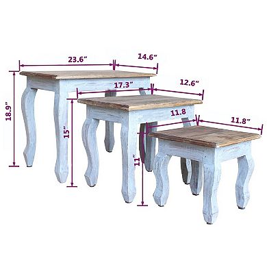 3pc Nesting End Table Set, Light Blue Turned Legs Brown Reclaimed Wood - Benzara