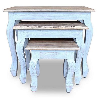3pc Nesting End Table Set, Light Blue Turned Legs Brown Reclaimed Wood - Benzara