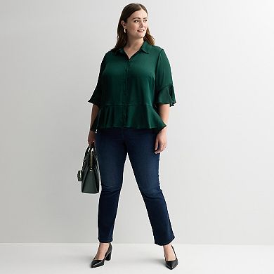 Plus Size Nine West Ruffle Hem 3/4 Bell Sleeve Button Blouse