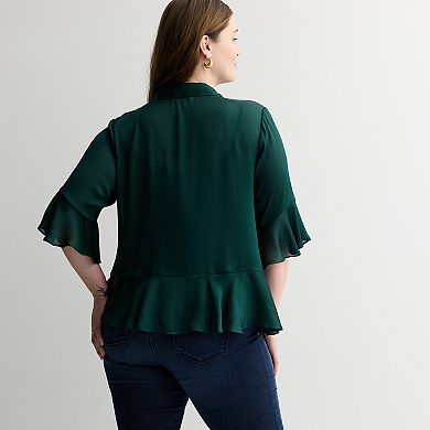 Plus Size Nine West Ruffle Hem 3/4 Bell Sleeve Button Blouse