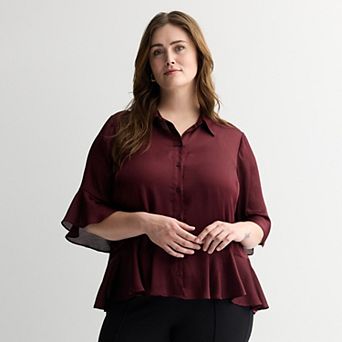 Plus Size Nine West Ruffle Hem 3/4 Bell Sleeve Button Blouse