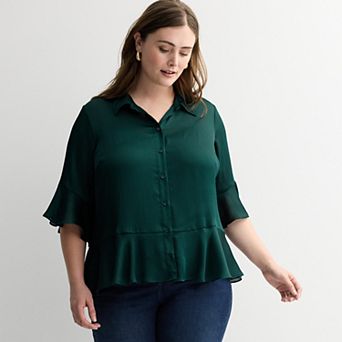 Plus Size Nine West Ruffle Hem 3/4 Bell Sleeve Button Blouse