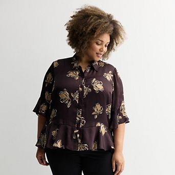 Plus Size Nine West Ruffle Hem 3/4 Bell Sleeve Button Blouse