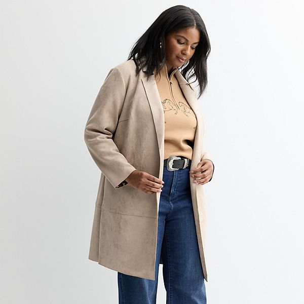 Plus Size Chelsea & Theodore Long Sleeve Open Front Faux Suede Jacket