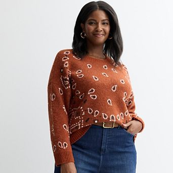 Plus Size Chelsea & Theodore Long Sleeve Crewneck Bandana Print Sweater