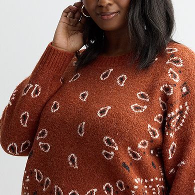Plus Size Chelsea & Theodore Long Sleeve Crewneck Bandana Print Sweater